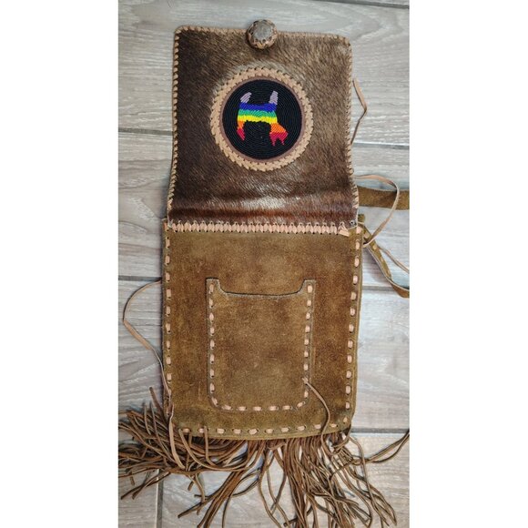 Handmade Leather Cowhide Beaded Crossbody Purse, Rainbow Cat, Pride Fringe Boho - Picture 7 of 7